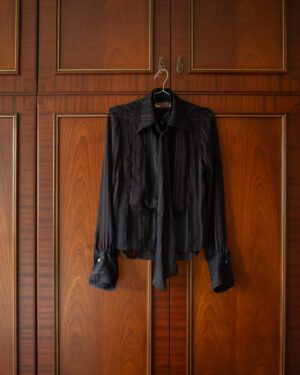 MIHARA YASUHIRO AW05 LAVALLIERE BLOUSE IN STRIPED SHEER BLACK - XS/S