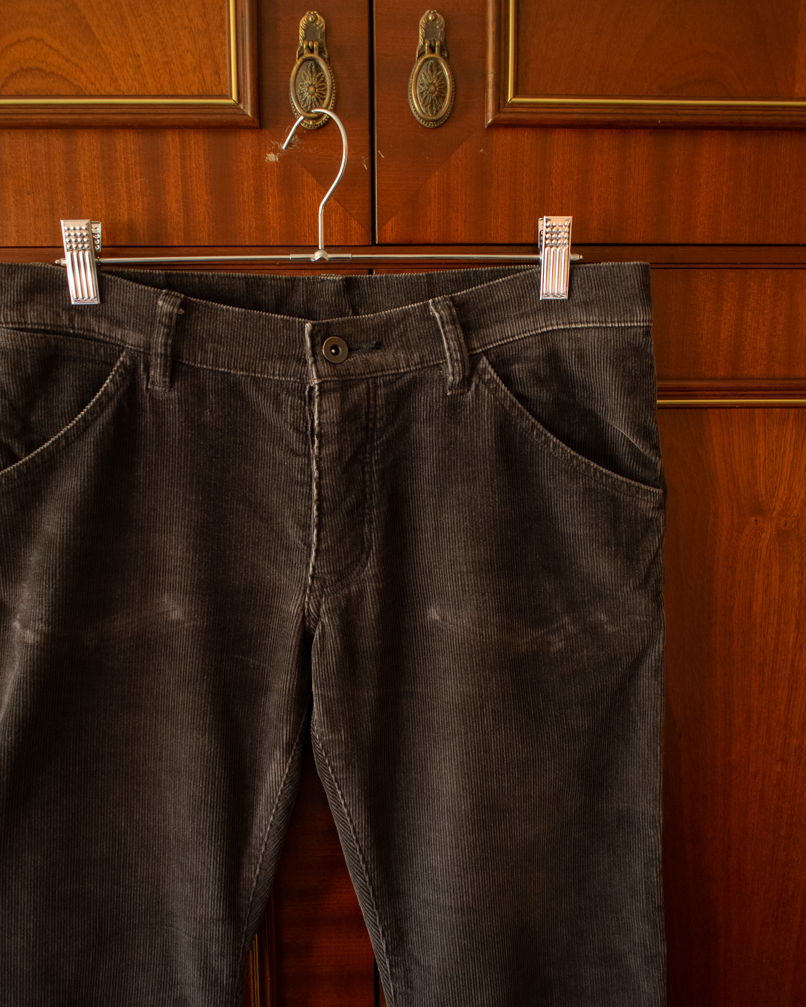 KAZUYUKI KUMAGAI ATTACHMENT J-CUT JEANS IN DARK BROWN CORDUROY - 30x33" - Image 3