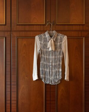 5351 POUR LES FEMMES CHECKERED LAVALIERE BLOUSE - UK 8